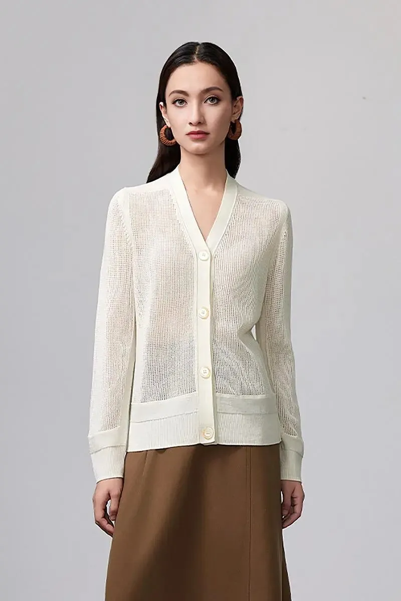100 Merino Wool Mesh Knit V Neck Cardigan