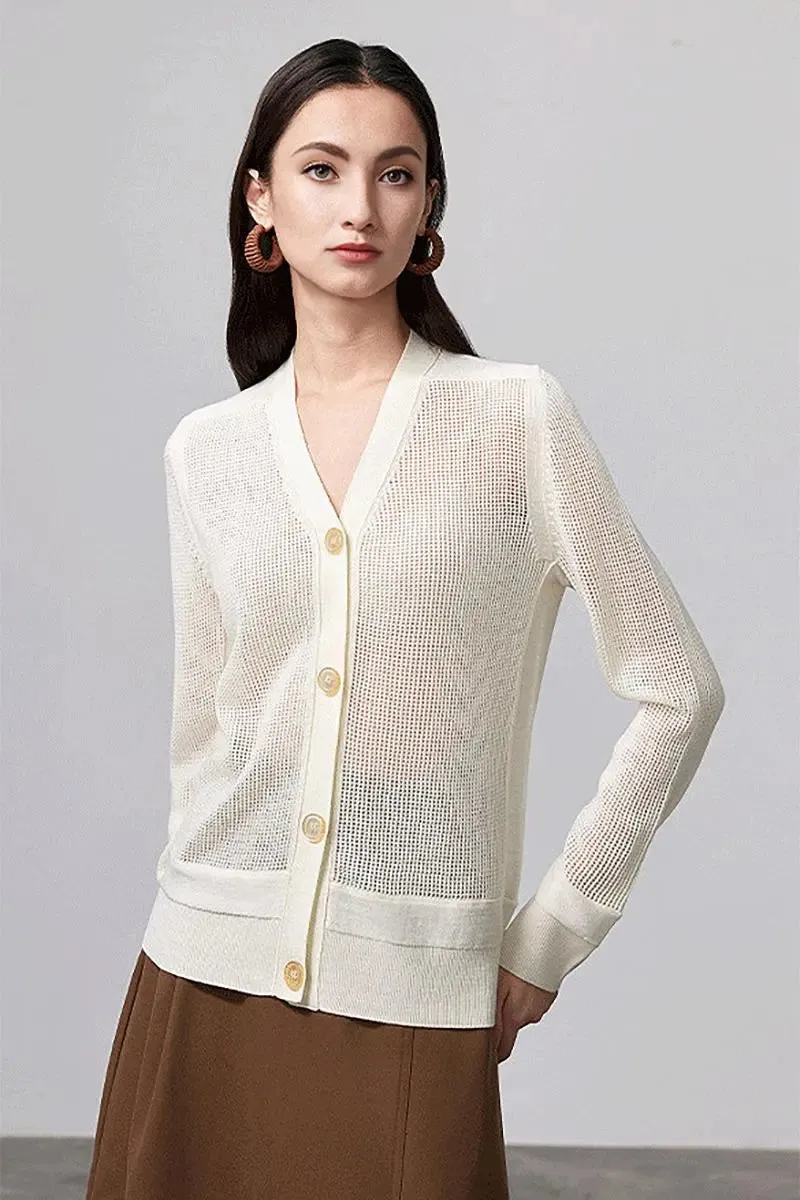 100 Merino Wool Mesh Knit V Neck Cardigan