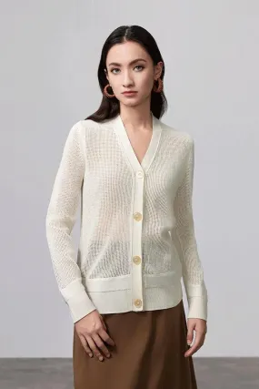 100 Merino Wool Mesh Knit V Neck Cardigan