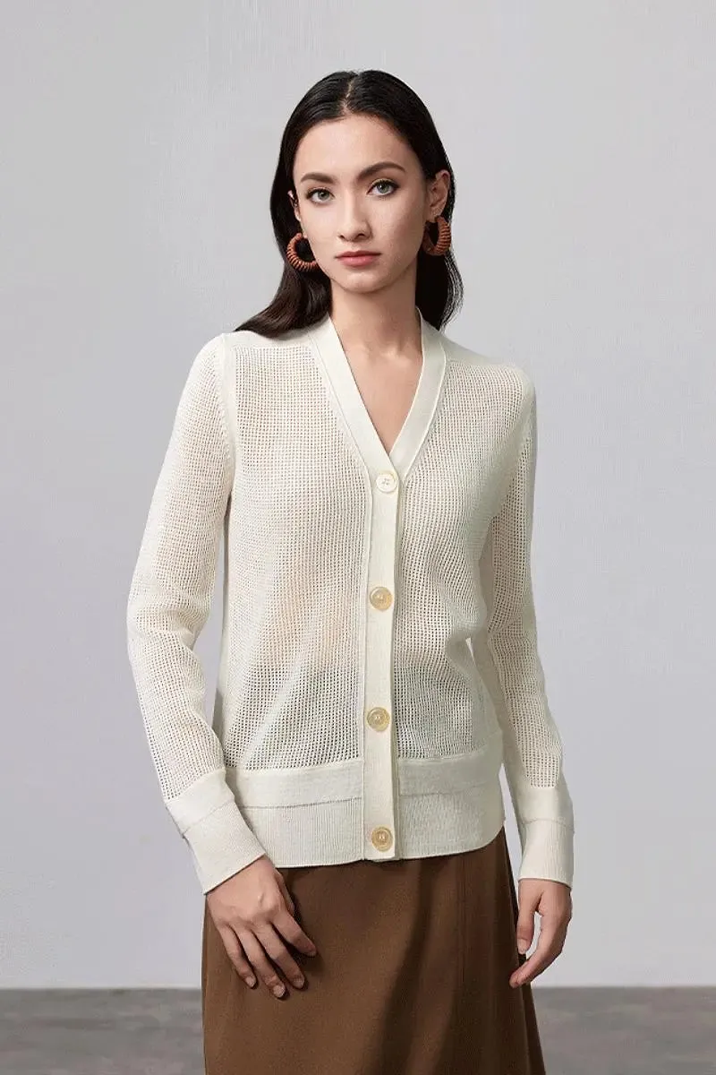 100 Merino Wool Mesh Knit V Neck Cardigan