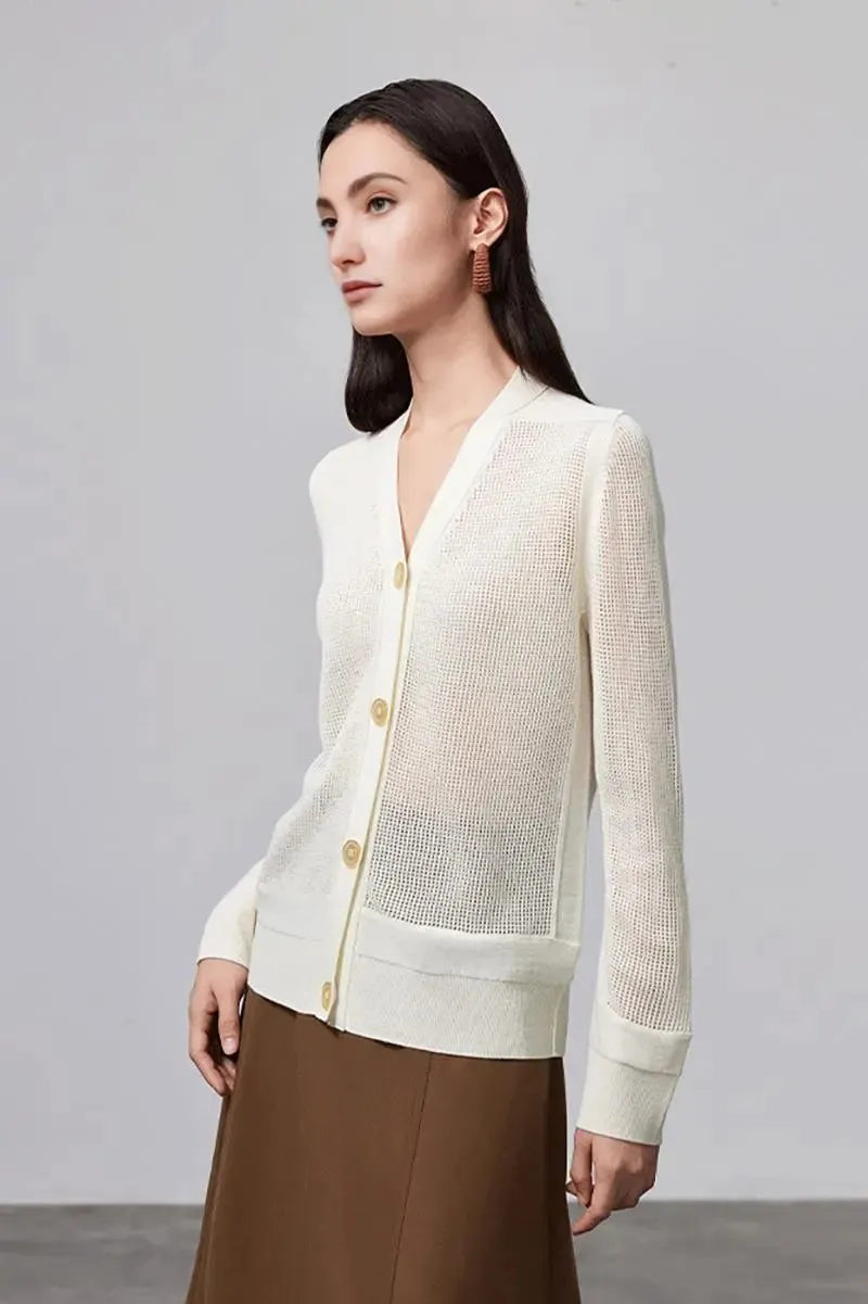 100 Merino Wool Mesh Knit V Neck Cardigan