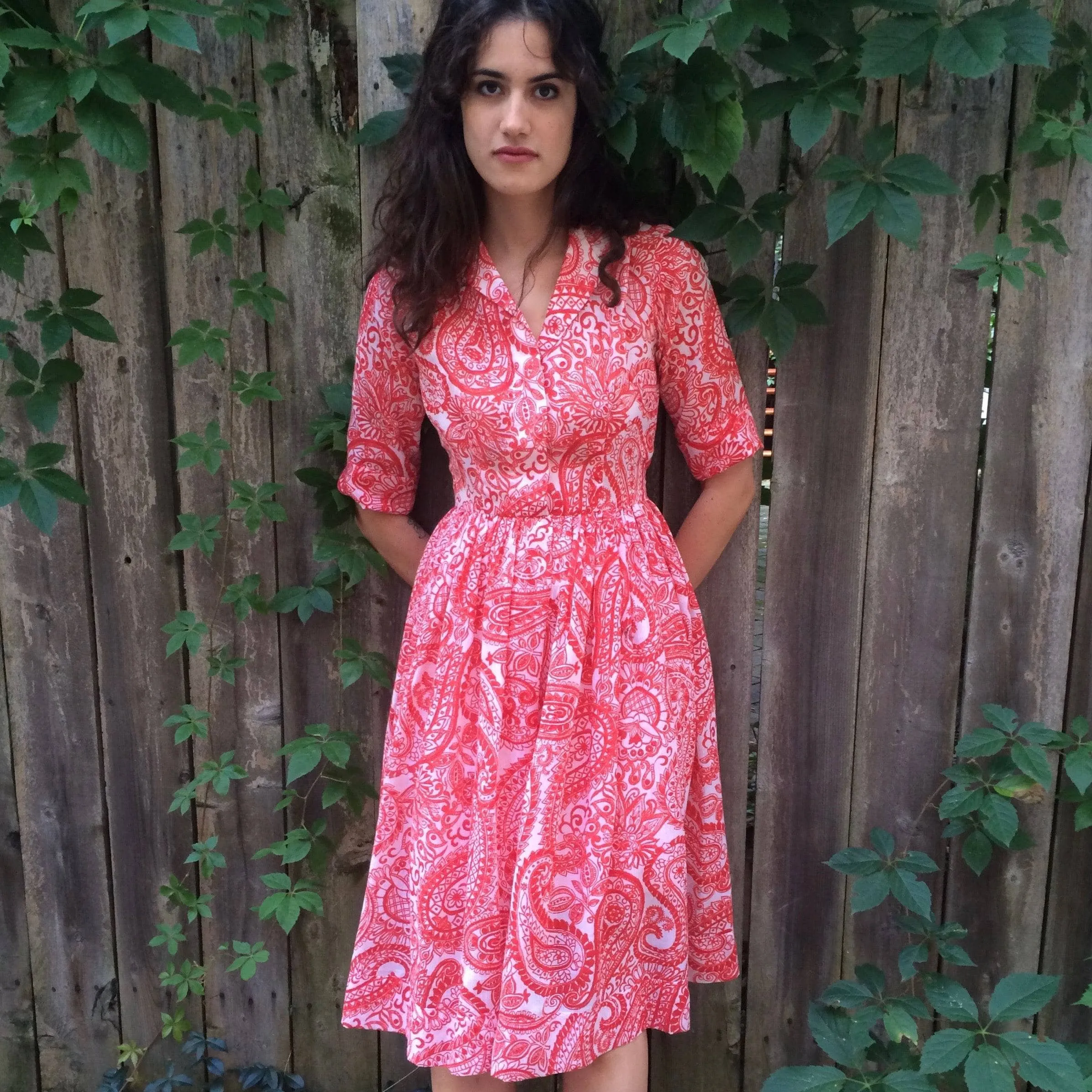 1950s Half Sleeve Paisley Cotton Shirt Dress S
