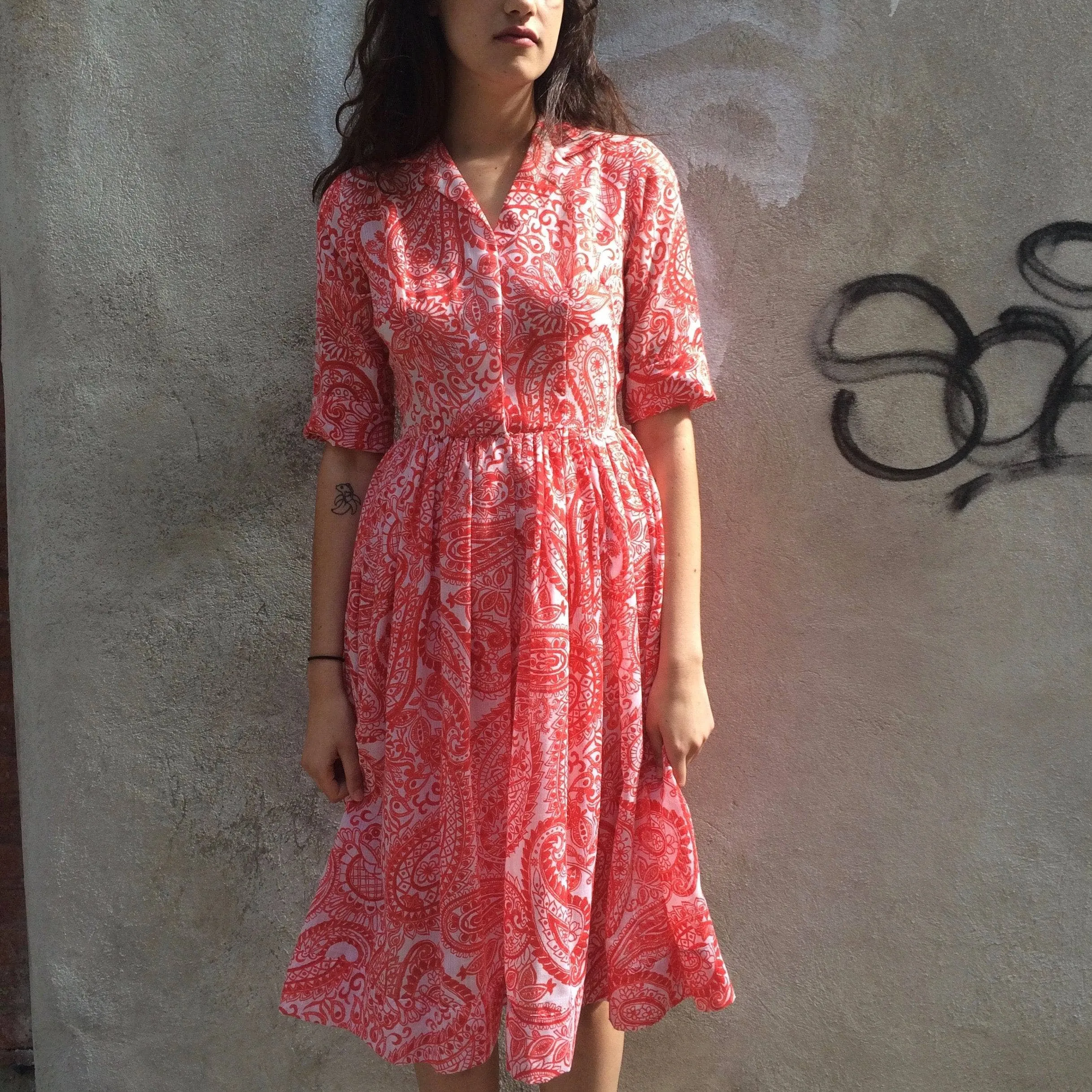 1950s Half Sleeve Paisley Cotton Shirt Dress S