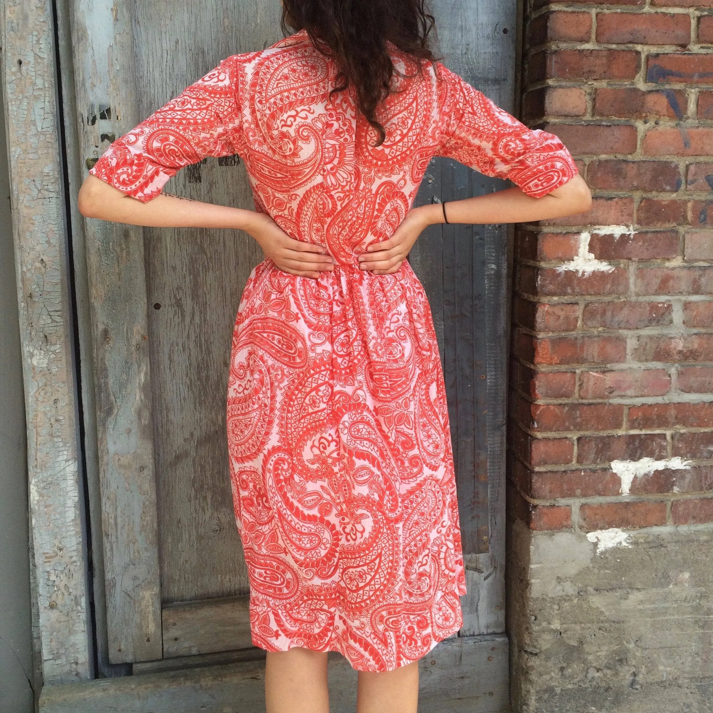 1950s Half Sleeve Paisley Cotton Shirt Dress S