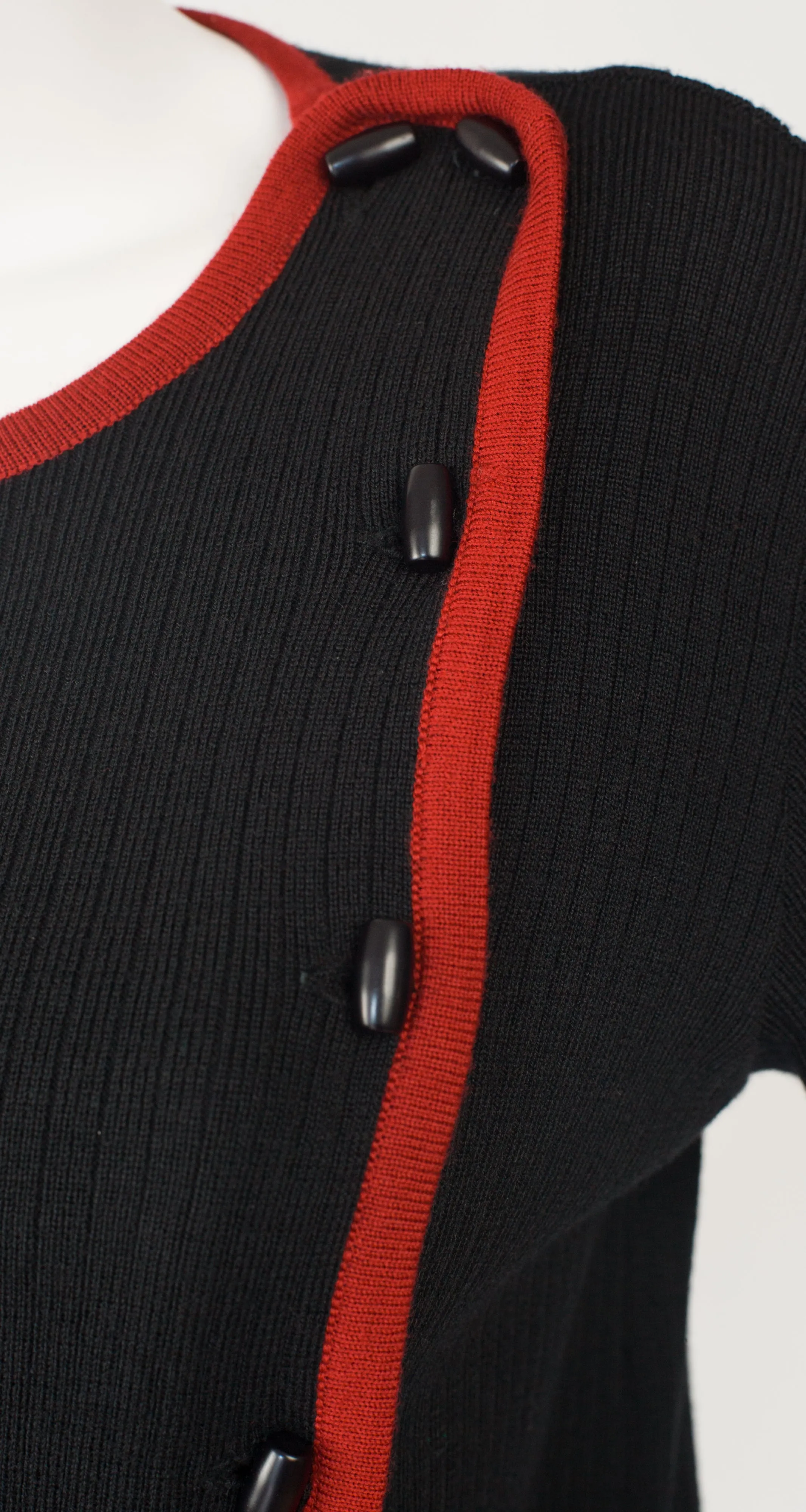 1970s Red & Black Ribbed Wool Toggle Sweater