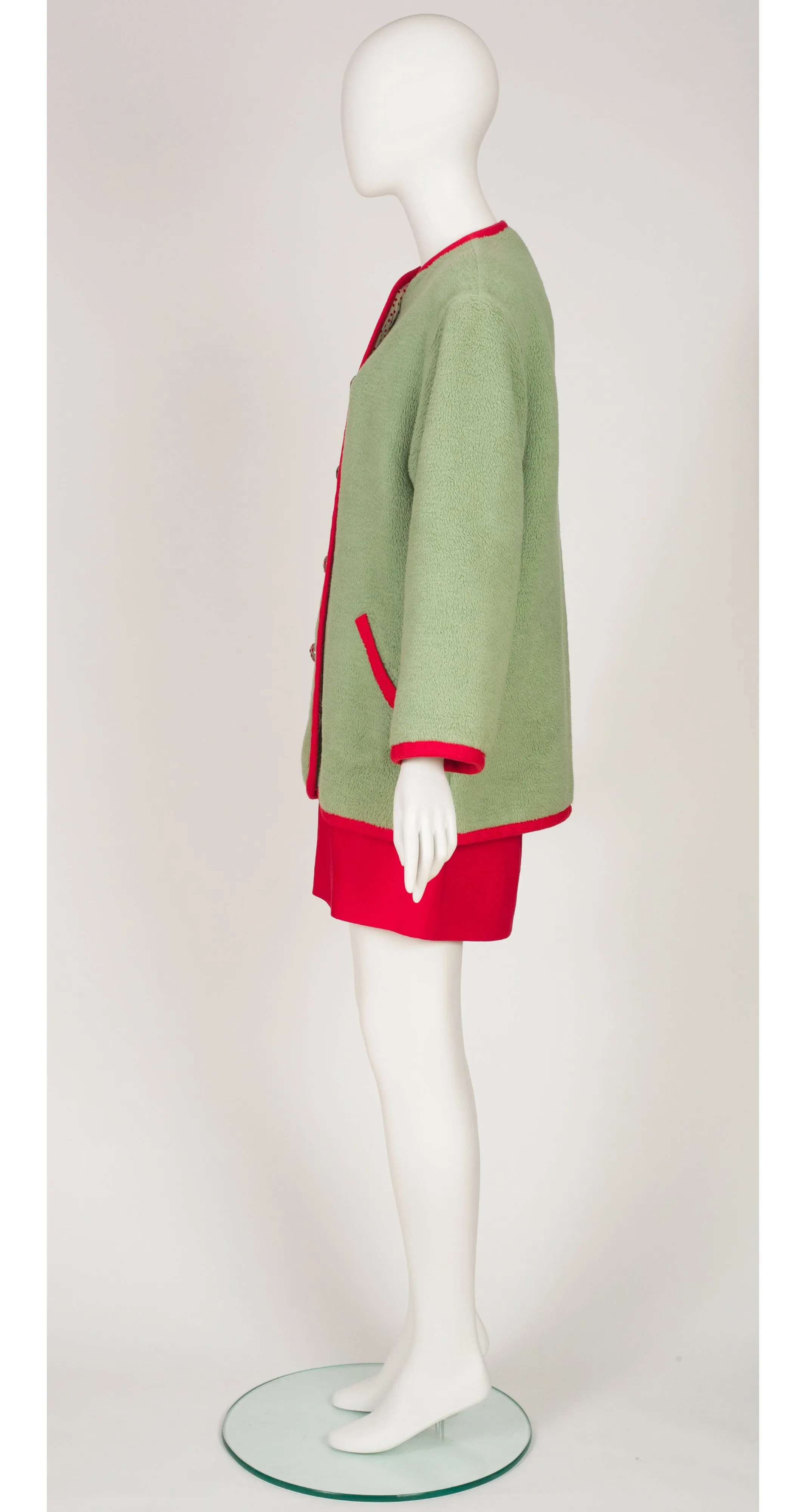 1990s Green & Red Teddy Coat Skirt Set