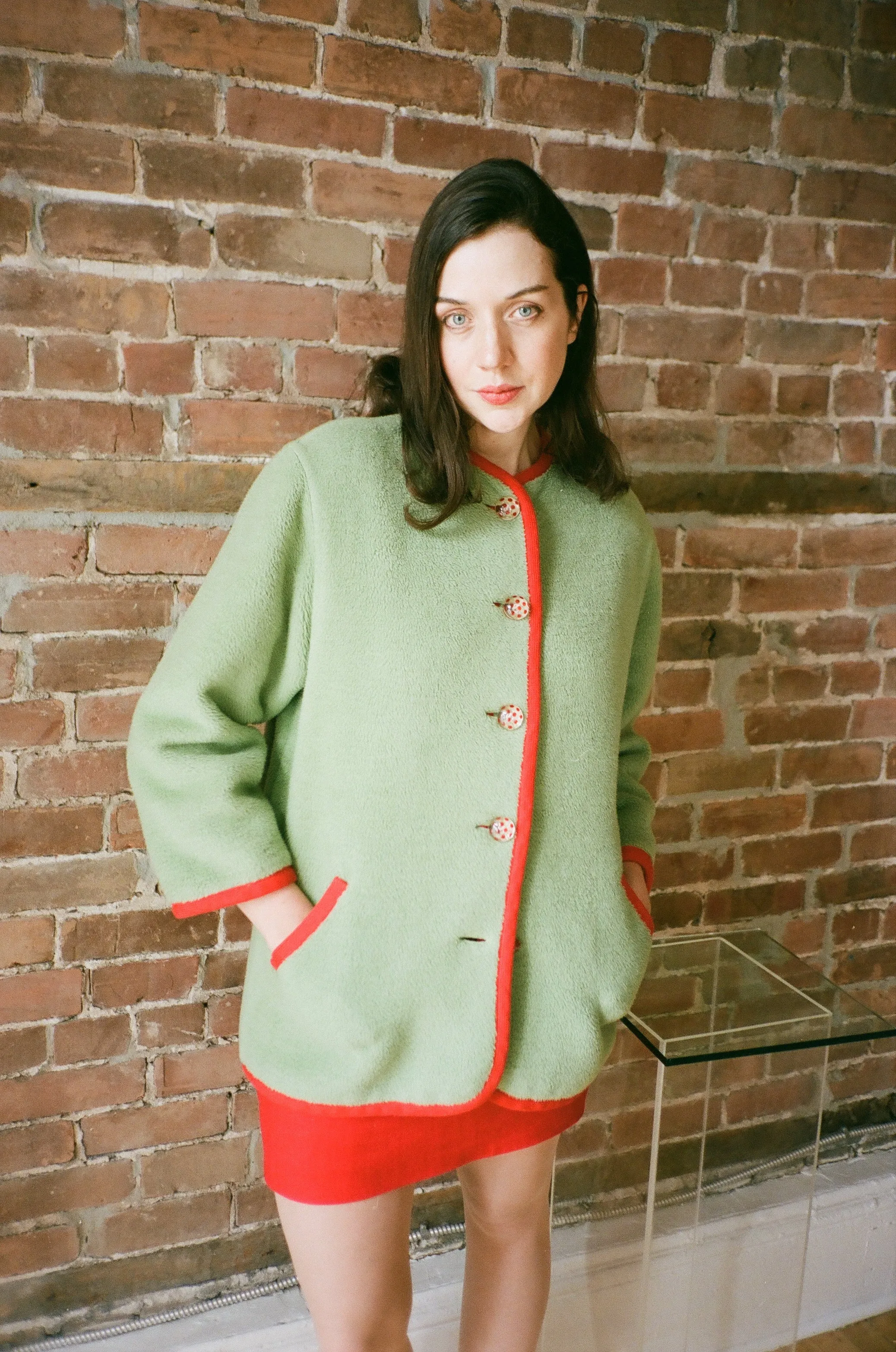 1990s Green & Red Teddy Coat Skirt Set