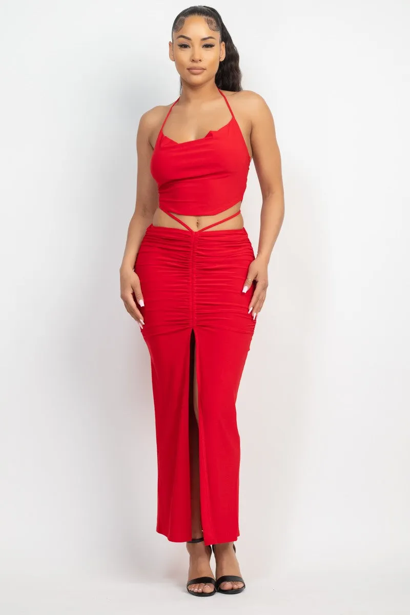 2pc set- cowl neck crop top & ruched slit maxi skirt