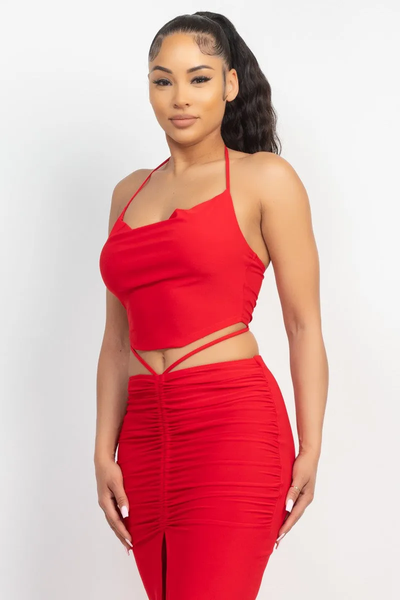 2pc set- cowl neck crop top & ruched slit maxi skirt
