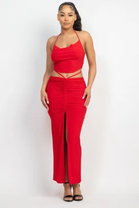 2pc set- cowl neck crop top & ruched slit maxi skirt