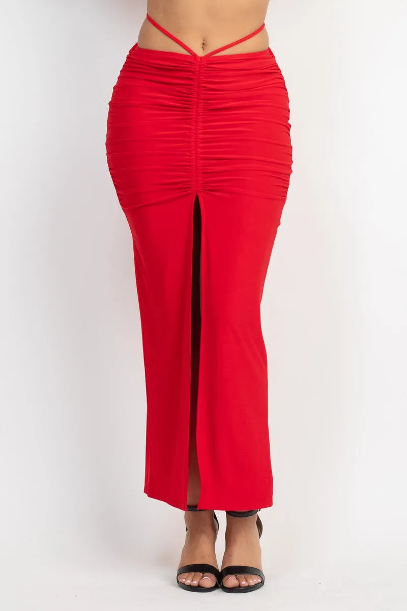 2pc set- cowl neck crop top & ruched slit maxi skirt