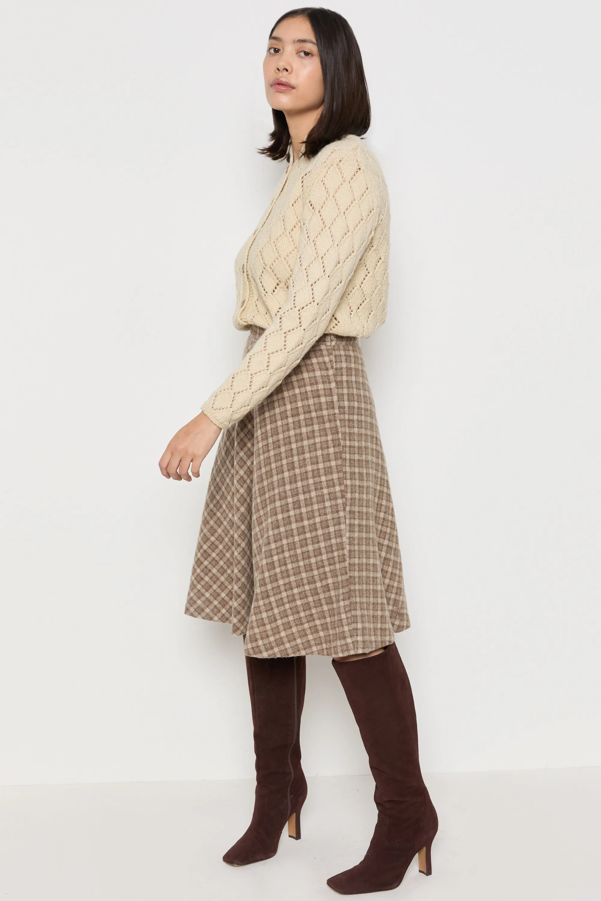 70s Cream Diamond Pointelle Wool Cardigan M