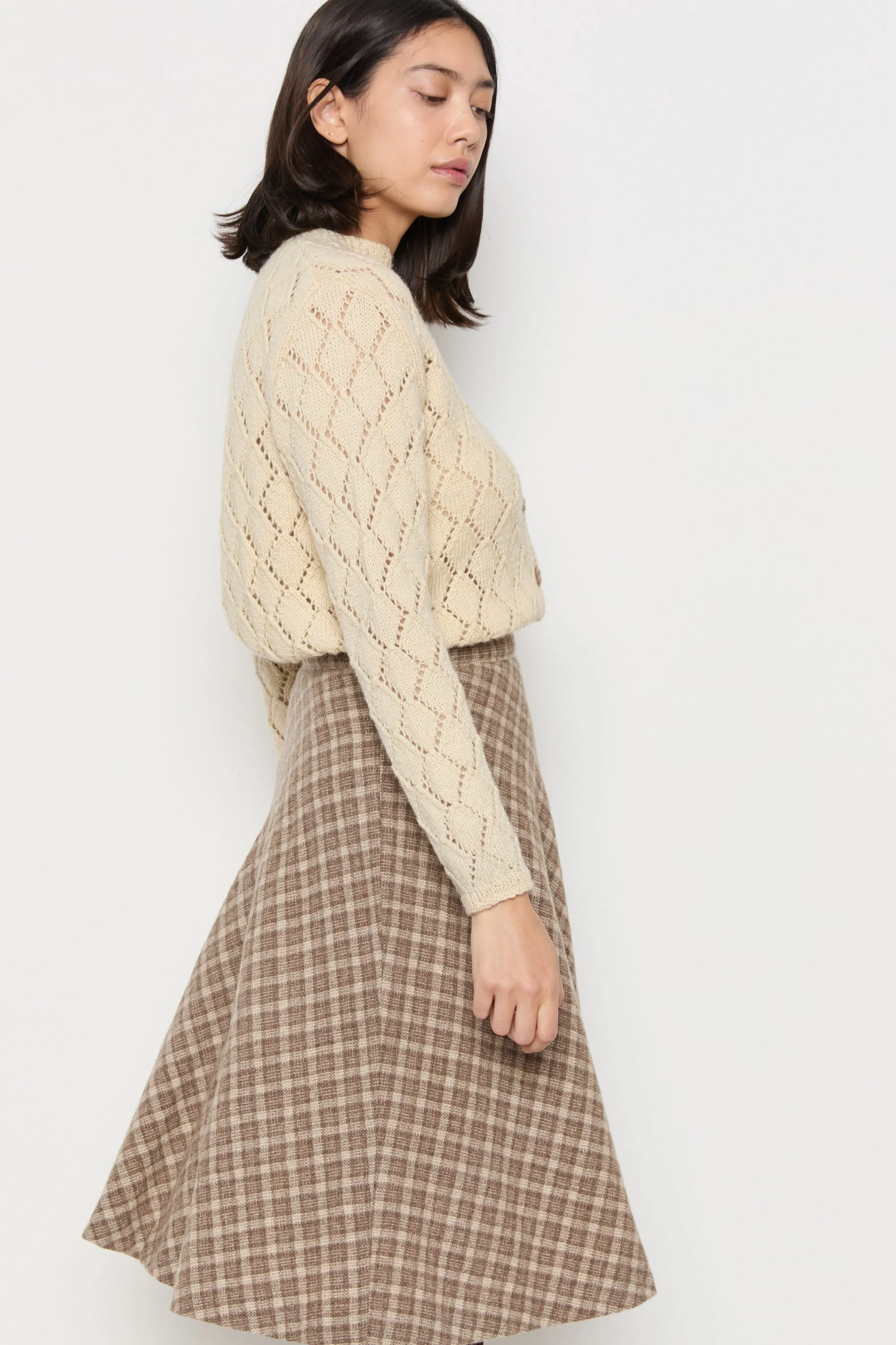 70s Cream Diamond Pointelle Wool Cardigan M