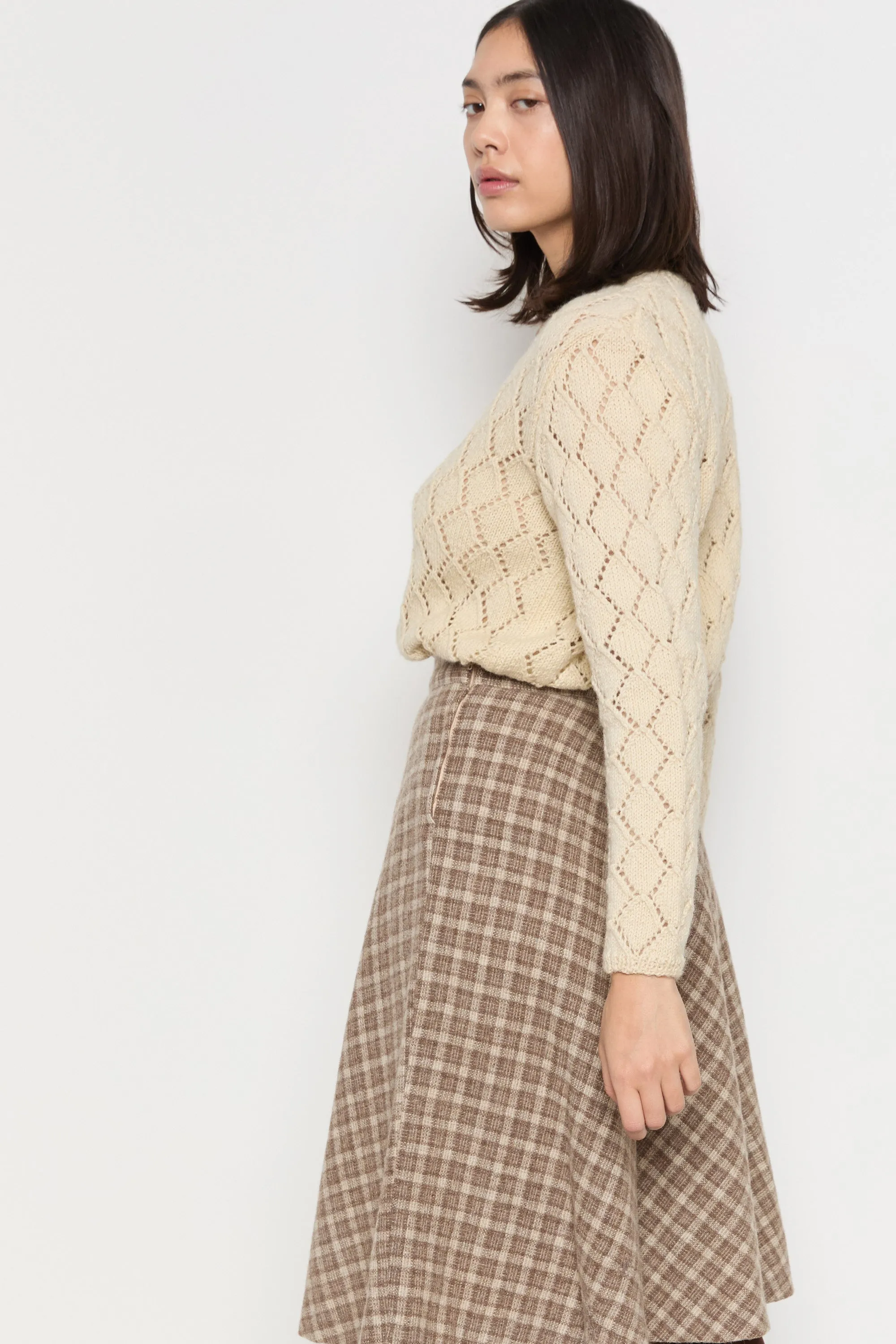 70s Cream Diamond Pointelle Wool Cardigan M
