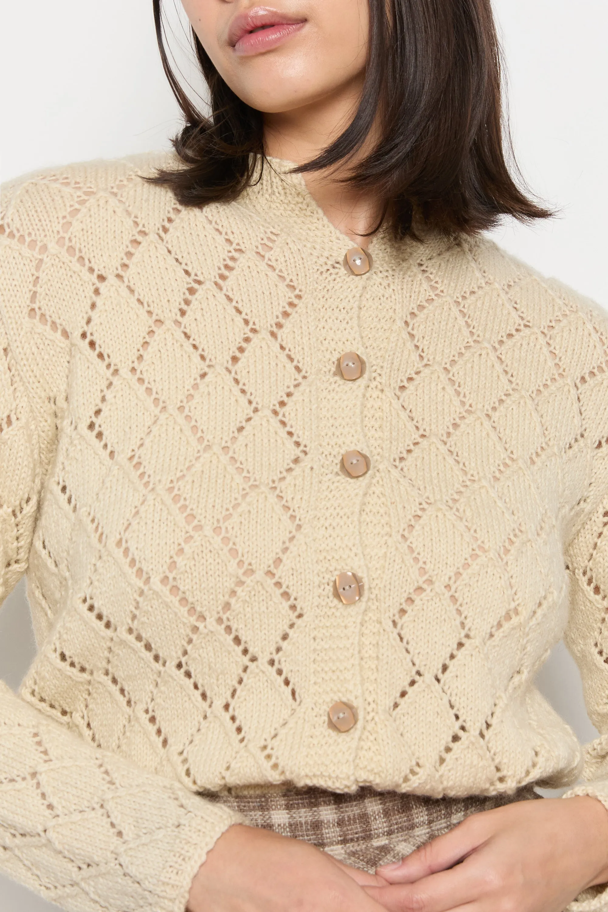 70s Cream Diamond Pointelle Wool Cardigan M