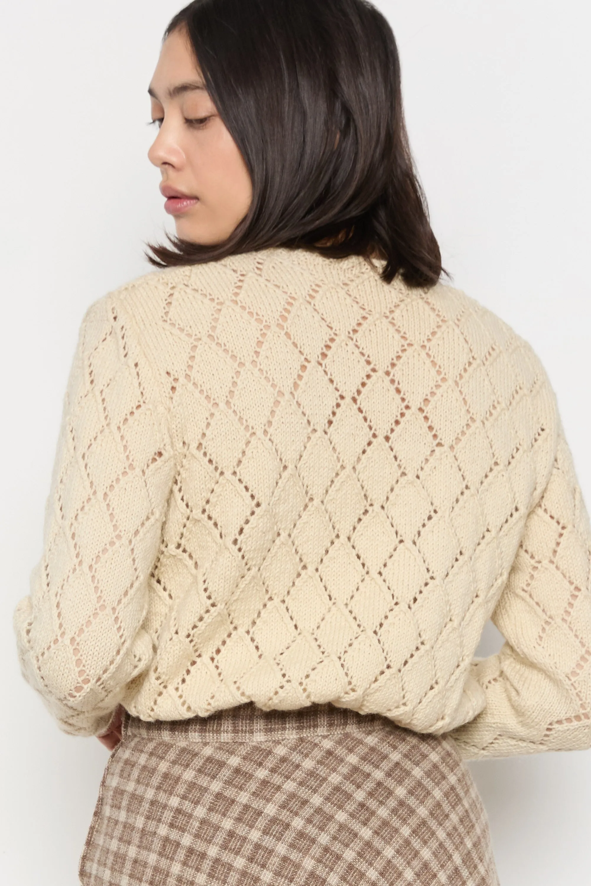 70s Cream Diamond Pointelle Wool Cardigan M