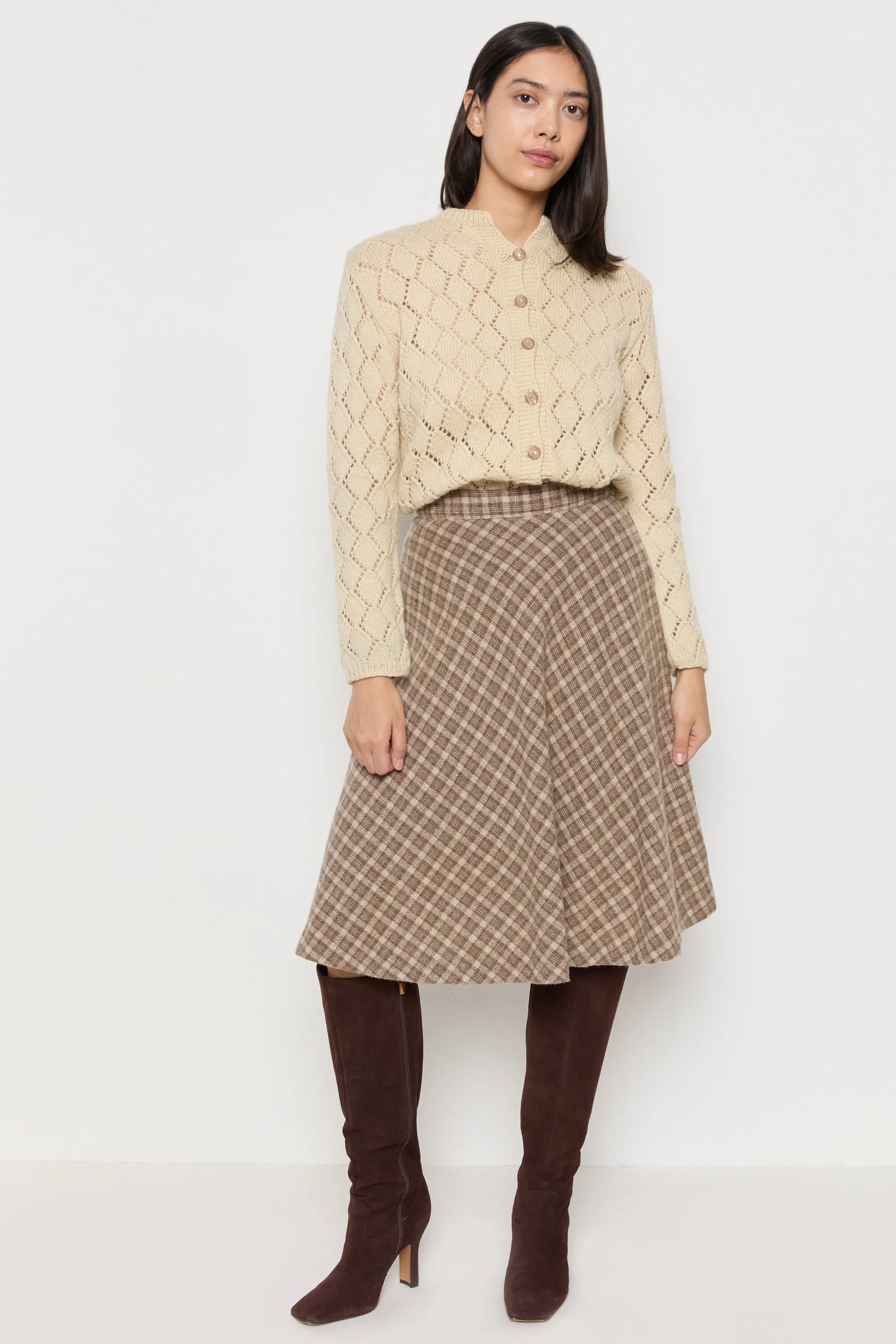70s Cream Diamond Pointelle Wool Cardigan M