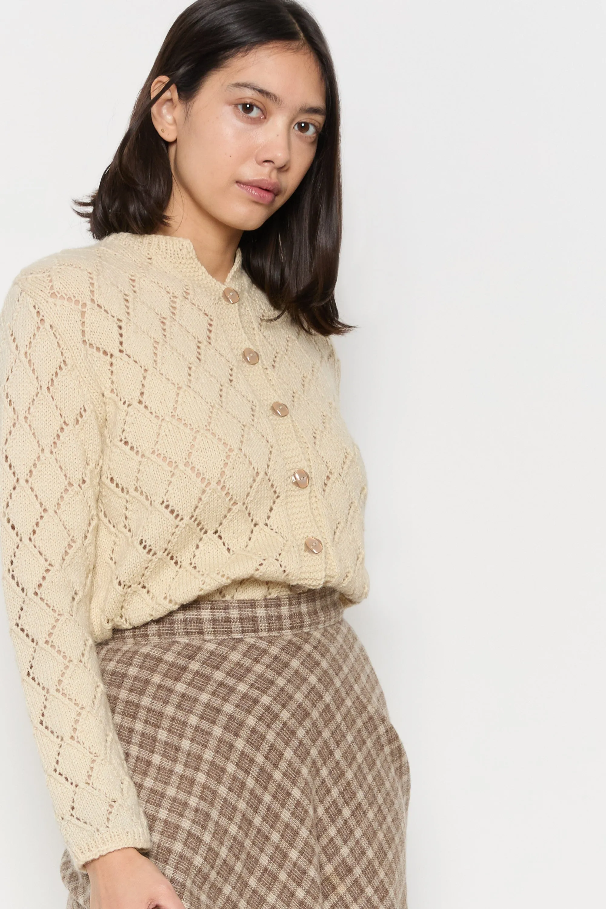 70s Cream Diamond Pointelle Wool Cardigan M