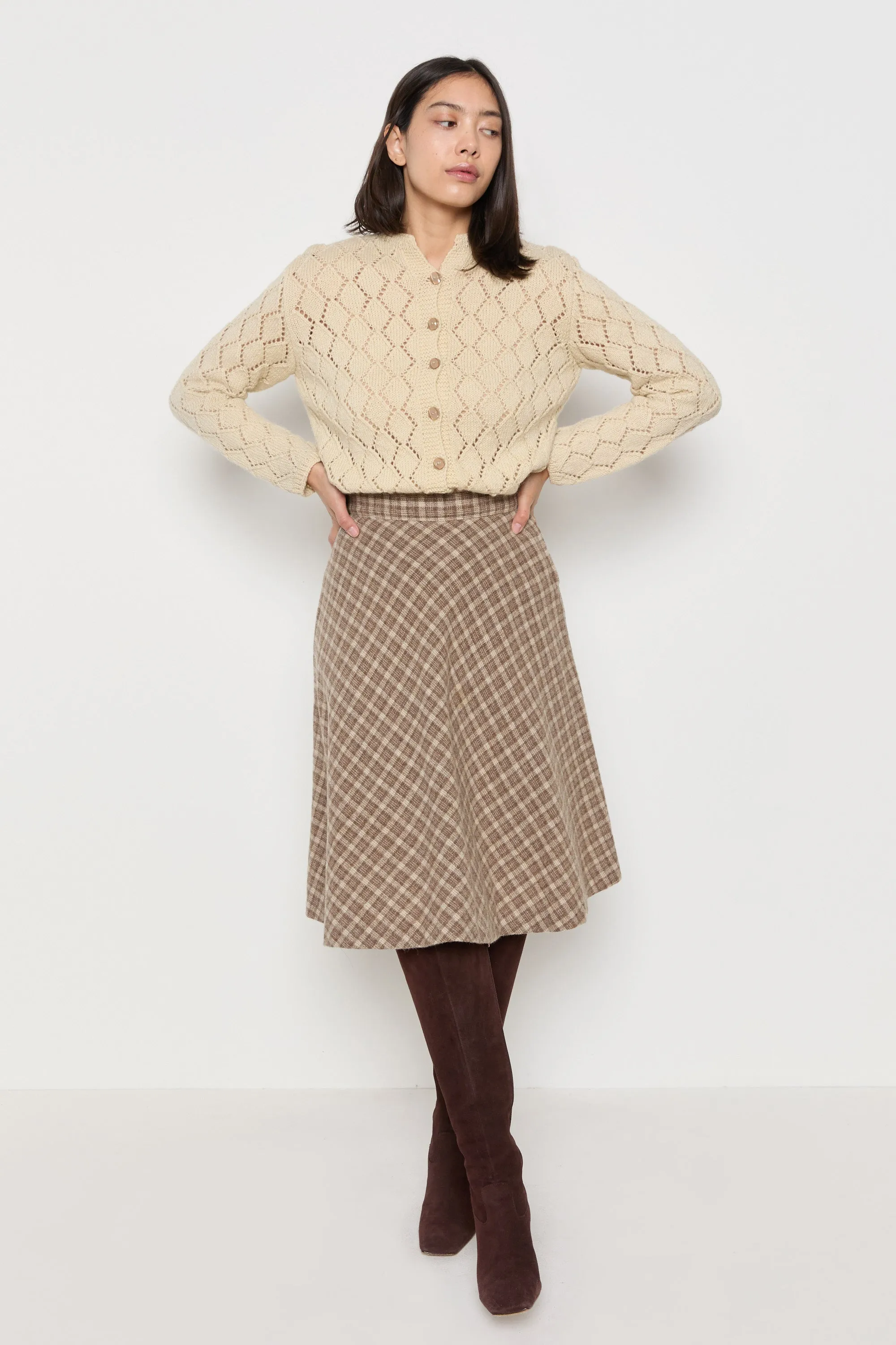 70s Cream Diamond Pointelle Wool Cardigan M