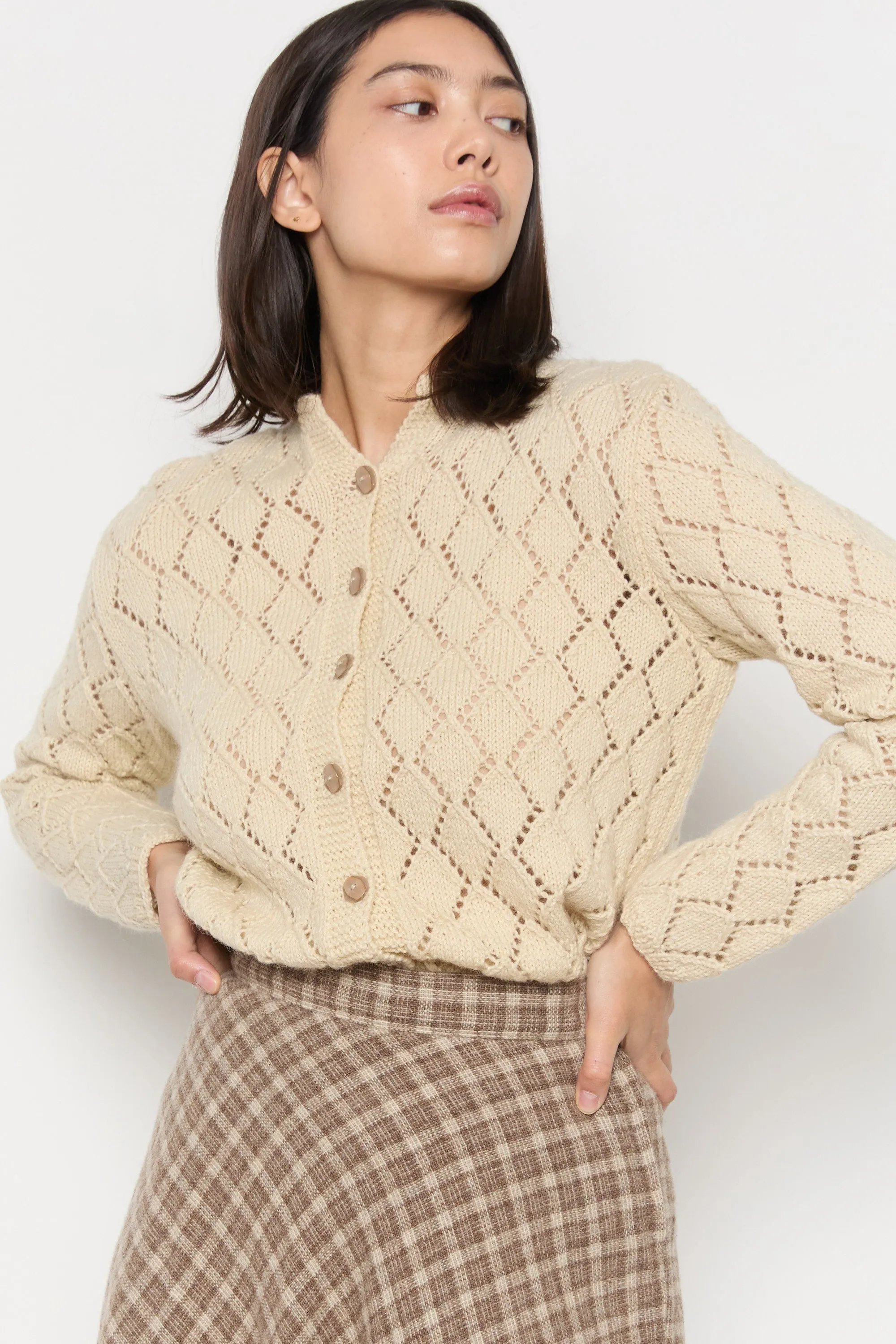 70s Cream Diamond Pointelle Wool Cardigan M