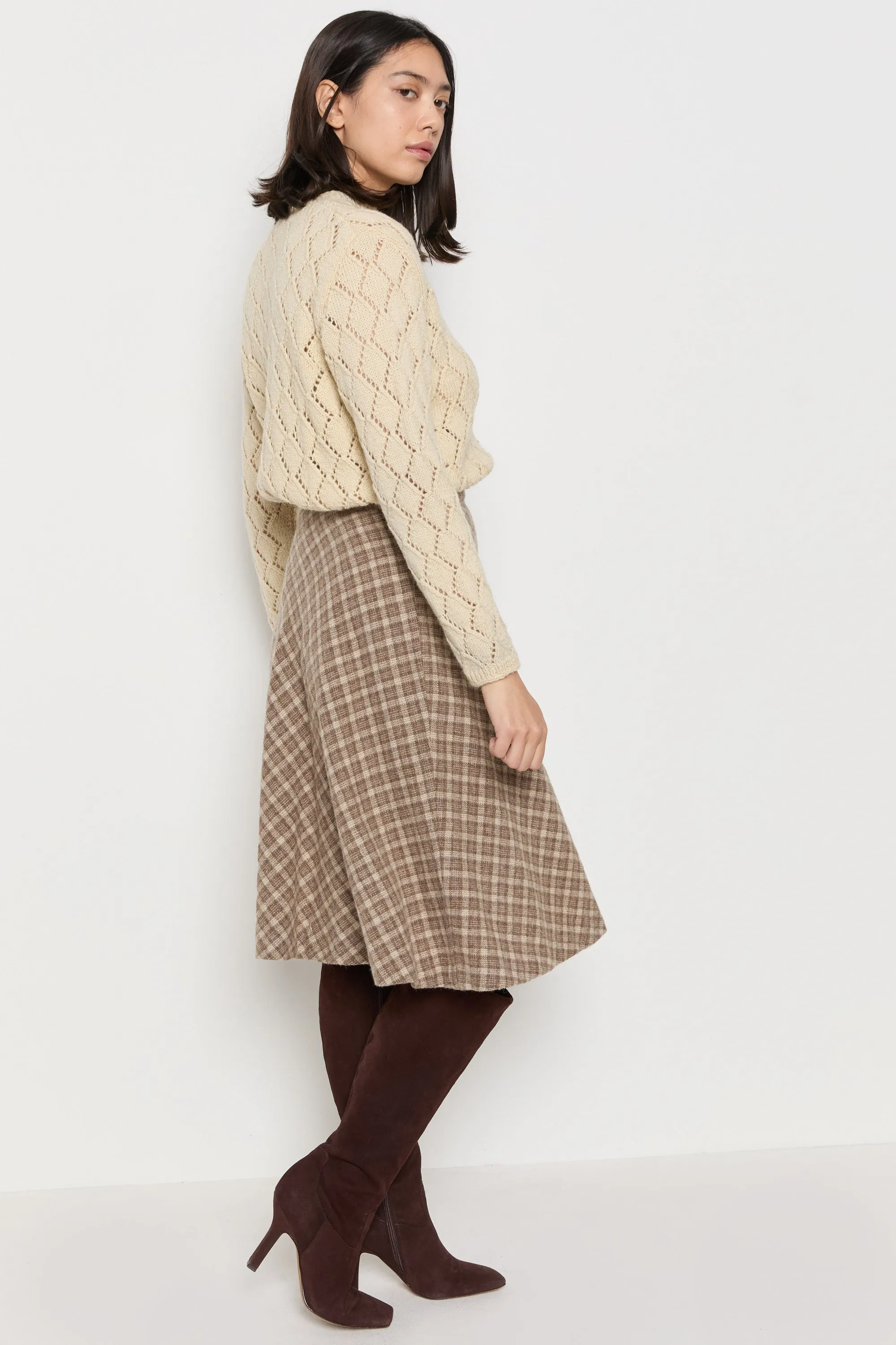 70s Cream Diamond Pointelle Wool Cardigan M
