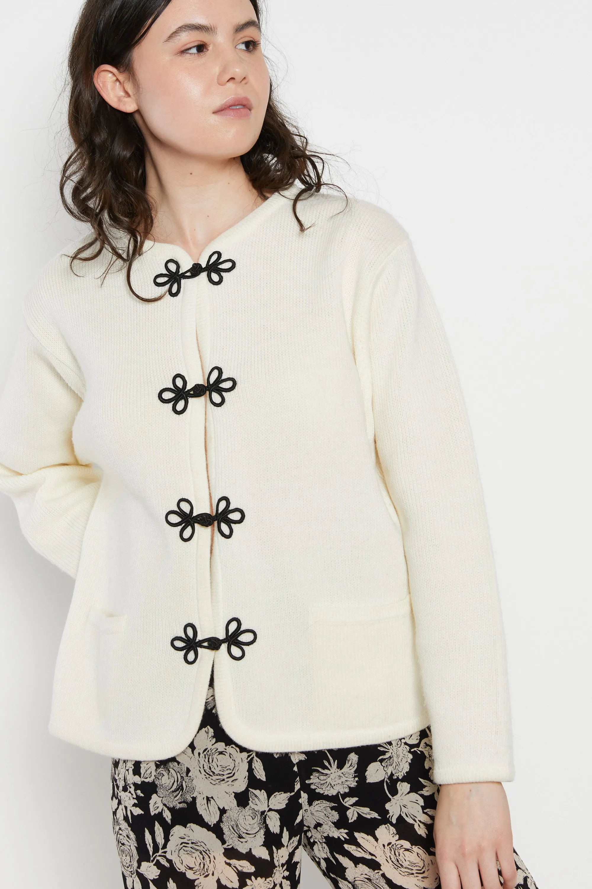80s Cream Frog Cardigan L