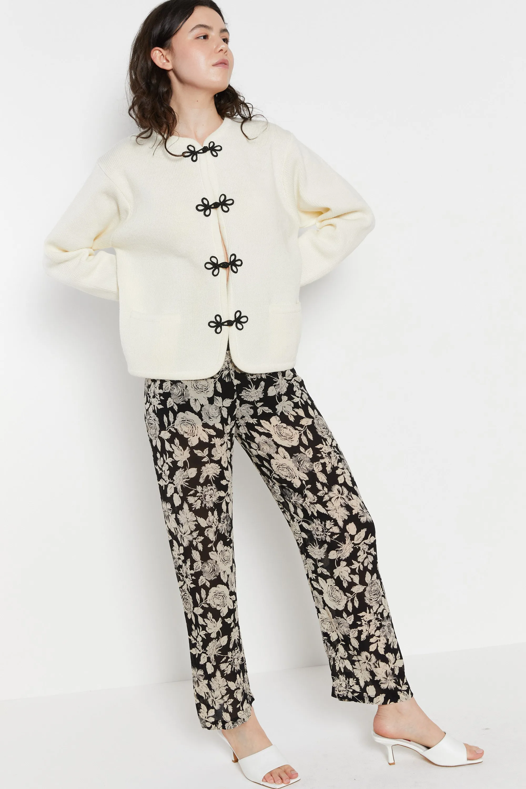 80s Cream Frog Cardigan L