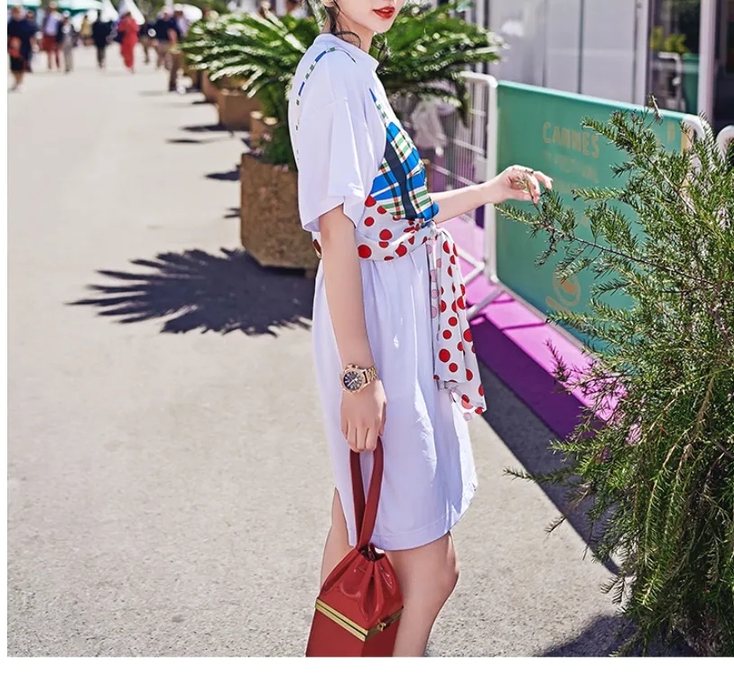8GIRLS POLKA DOT STEPPED HEM T SHIRT DRESS WITH CONTRAST PANEL