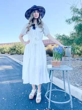 Acacia, Smocked Round Neckline, Midi Dress, White