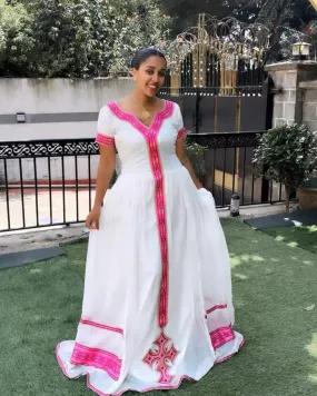 Adorable Pink Traditional Ethiopia Dress: Modest Look with Habesha Dress for Church and Cultural Celebrations Eritrean Clothing