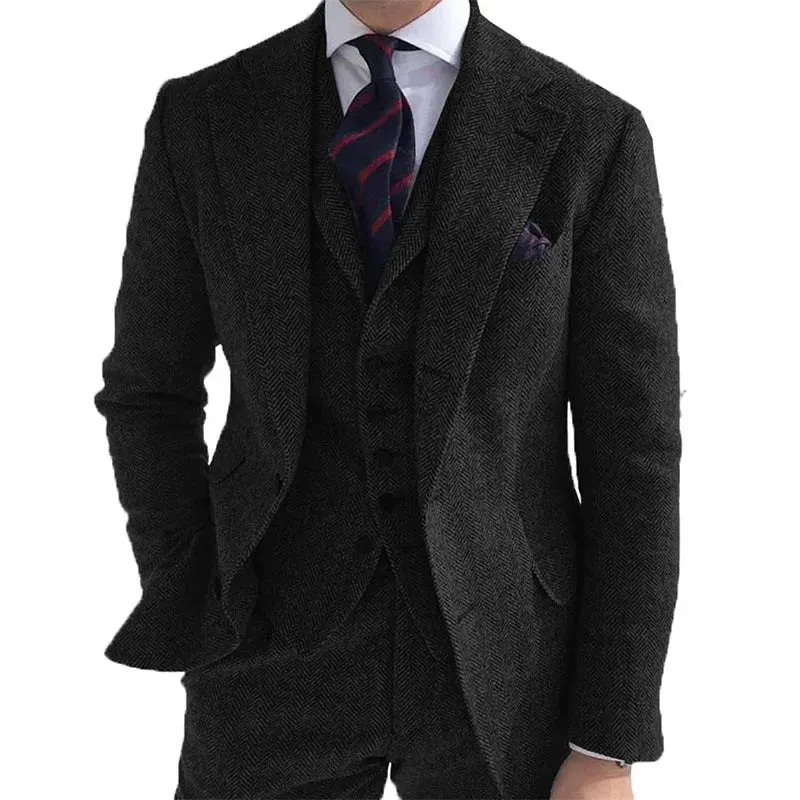 Aidase Gray Wool Tweed Winter Men Suit's For Wedding Formal Groom Tuxedo Herringbone Male Fashion 3 Piece Suit (Jacket   Vest   Pants)