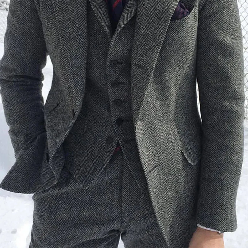 Aidase Gray Wool Tweed Winter Men Suit's For Wedding Formal Groom Tuxedo Herringbone Male Fashion 3 Piece Suit (Jacket   Vest   Pants)