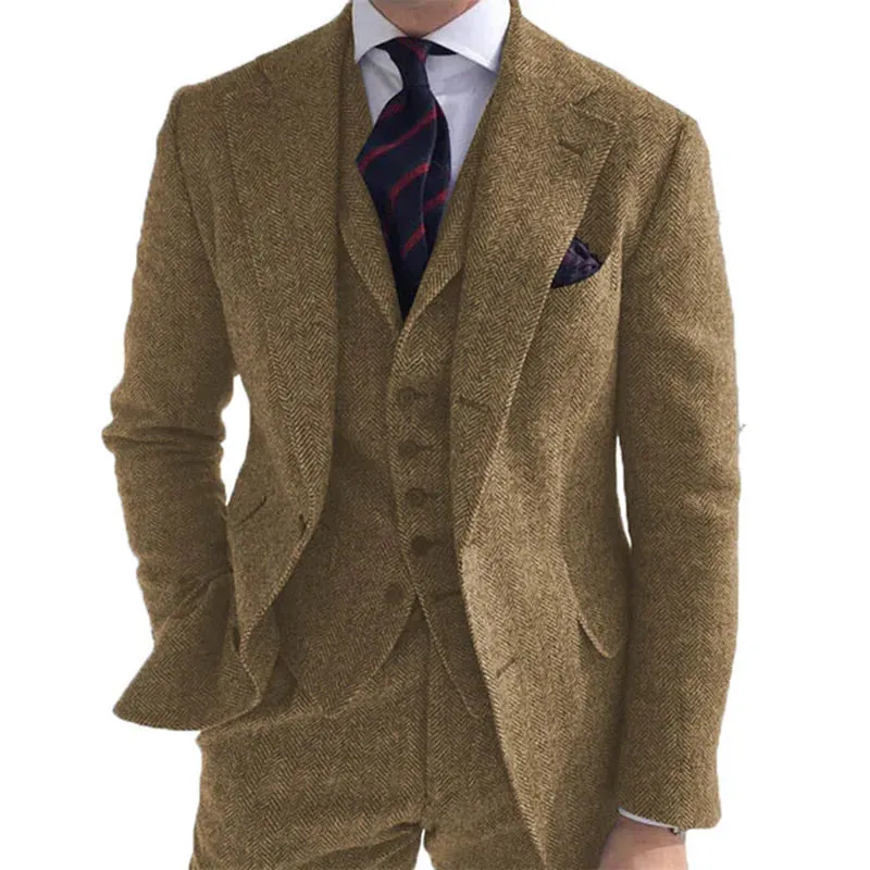 Aidase Gray Wool Tweed Winter Men Suit's For Wedding Formal Groom Tuxedo Herringbone Male Fashion 3 Piece Suit (Jacket   Vest   Pants)