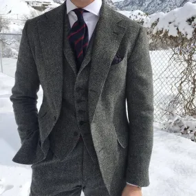 Aidase Gray Wool Tweed Winter Men Suit's For Wedding Formal Groom Tuxedo Herringbone Male Fashion 3 Piece Suit (Jacket   Vest   Pants)