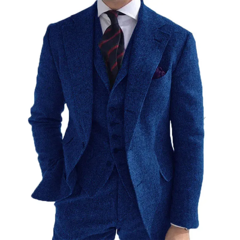 Aidase Gray Wool Tweed Winter Men Suit's For Wedding Formal Groom Tuxedo Herringbone Male Fashion 3 Piece Suit (Jacket   Vest   Pants)