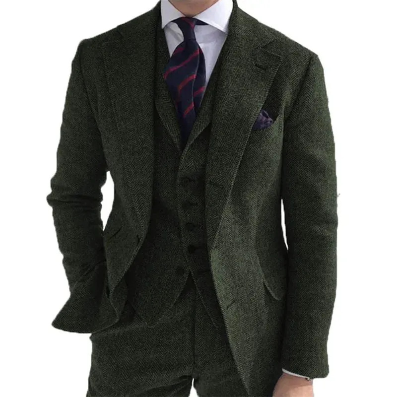 Aidase Gray Wool Tweed Winter Men Suit's For Wedding Formal Groom Tuxedo Herringbone Male Fashion 3 Piece Suit (Jacket   Vest   Pants)