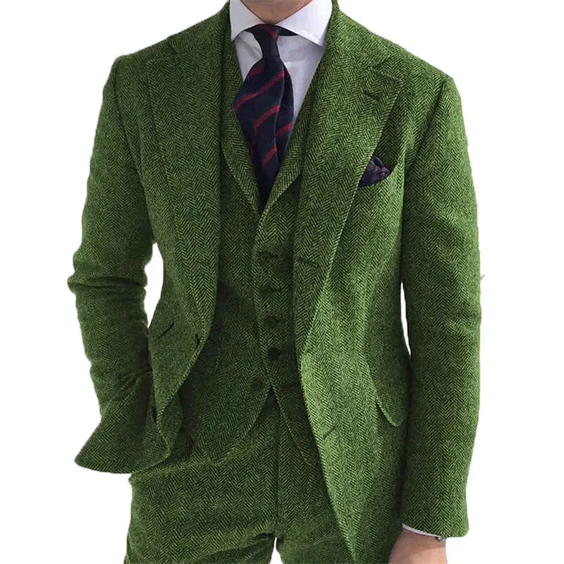 Aidase Gray Wool Tweed Winter Men Suit's For Wedding Formal Groom Tuxedo Herringbone Male Fashion 3 Piece Suit (Jacket   Vest   Pants)
