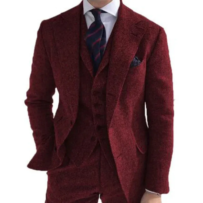 Aidase Gray Wool Tweed Winter Men Suit's For Wedding Formal Groom Tuxedo Herringbone Male Fashion 3 Piece Suit (Jacket   Vest   Pants)