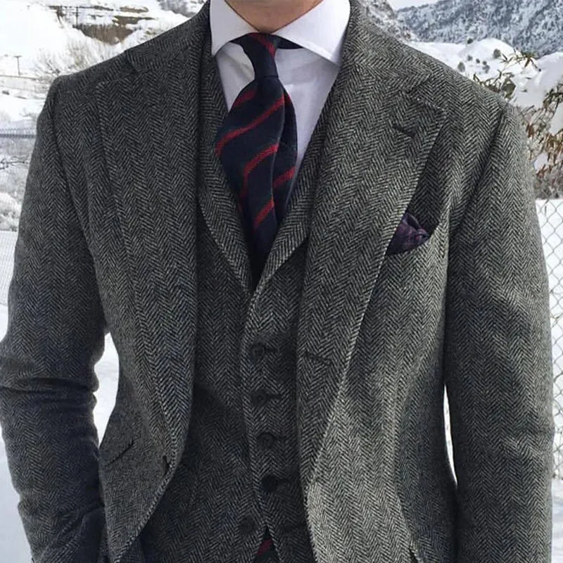 Aidase Gray Wool Tweed Winter Men Suit's For Wedding Formal Groom Tuxedo Herringbone Male Fashion 3 Piece Suit (Jacket   Vest   Pants)