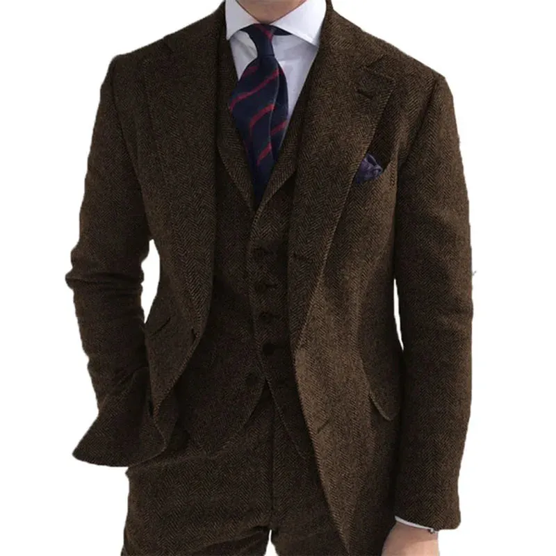 Aidase Gray Wool Tweed Winter Men Suit's For Wedding Formal Groom Tuxedo Herringbone Male Fashion 3 Piece Suit (Jacket   Vest   Pants)