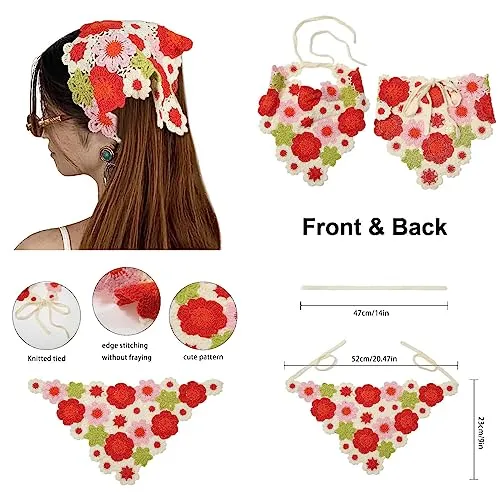 ANKOMINA Crochet Hair Bandana Headbands Knitted Hollow Strawberry Floral Head Scarf Triangle Hair Tie Headband Towel for Women Girls