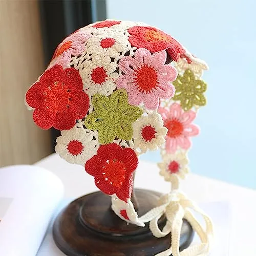 ANKOMINA Crochet Hair Bandana Headbands Knitted Hollow Strawberry Floral Head Scarf Triangle Hair Tie Headband Towel for Women Girls
