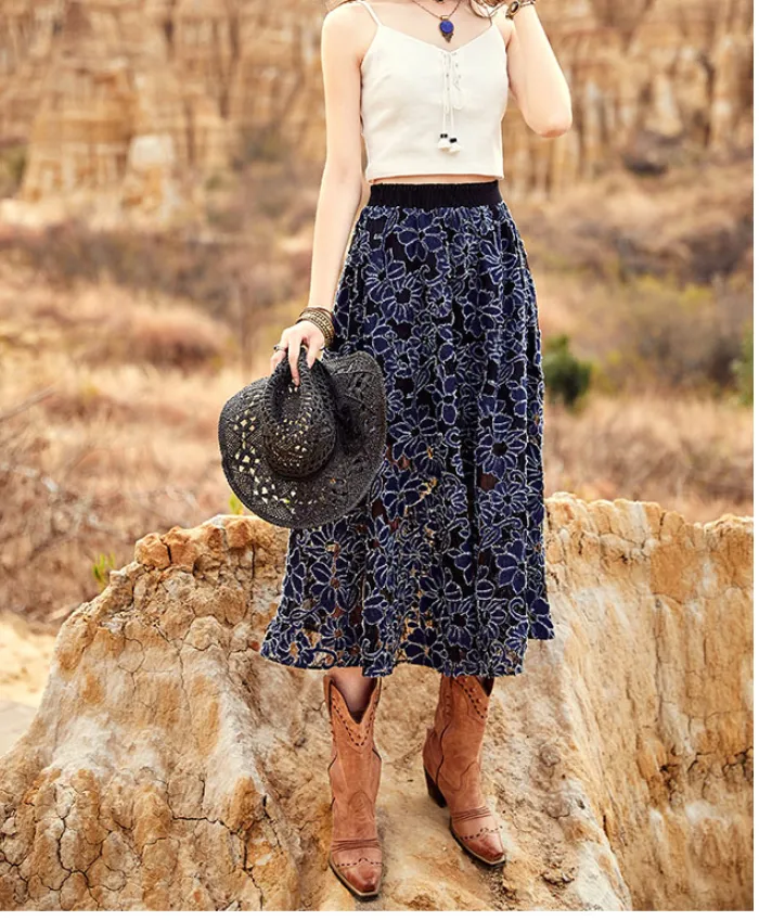 ARTKA CROCHET LACE MAXI SKIRT IN NAVY