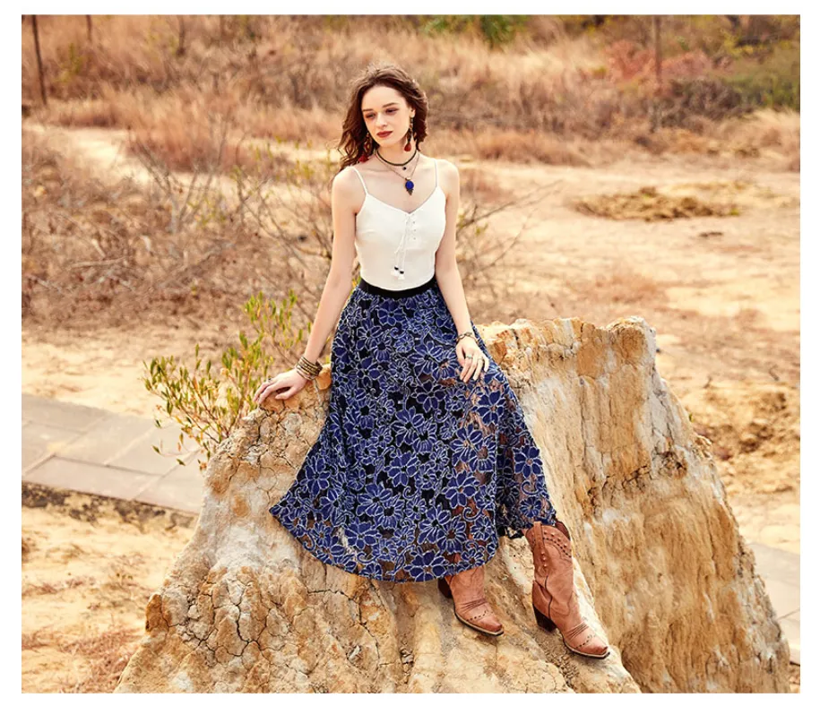 ARTKA CROCHET LACE MAXI SKIRT IN NAVY