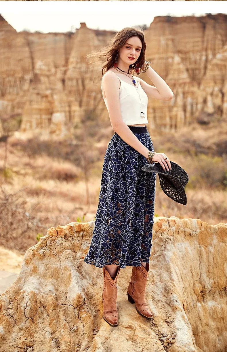 ARTKA CROCHET LACE MAXI SKIRT IN NAVY