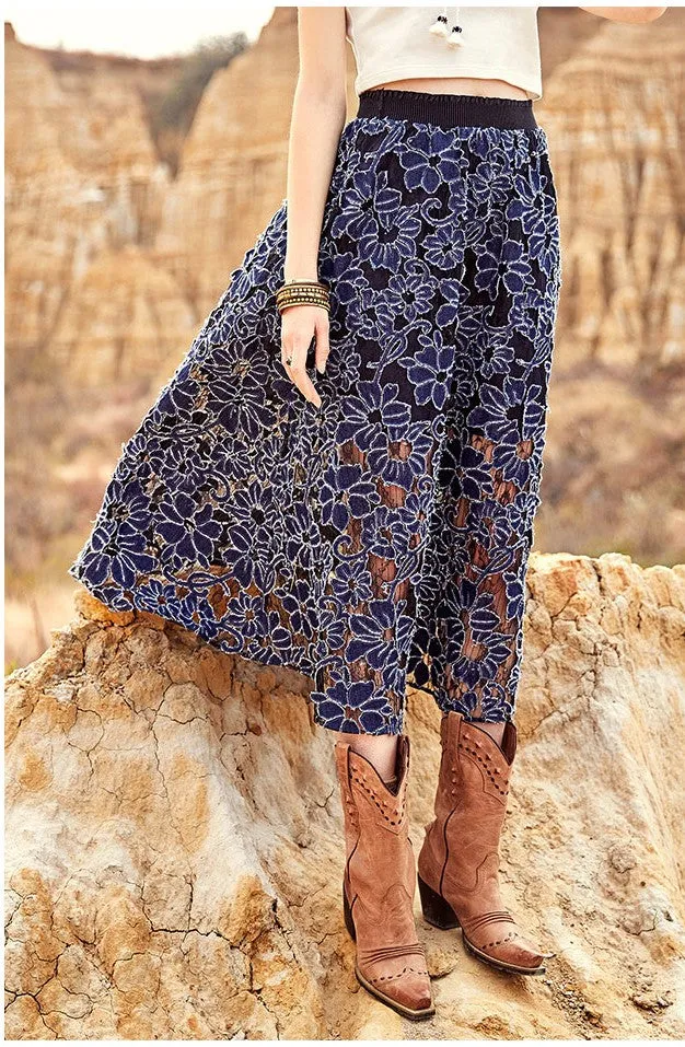 ARTKA CROCHET LACE MAXI SKIRT IN NAVY