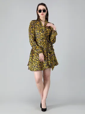 Black and Yellow Floral Printed Wrap Dress