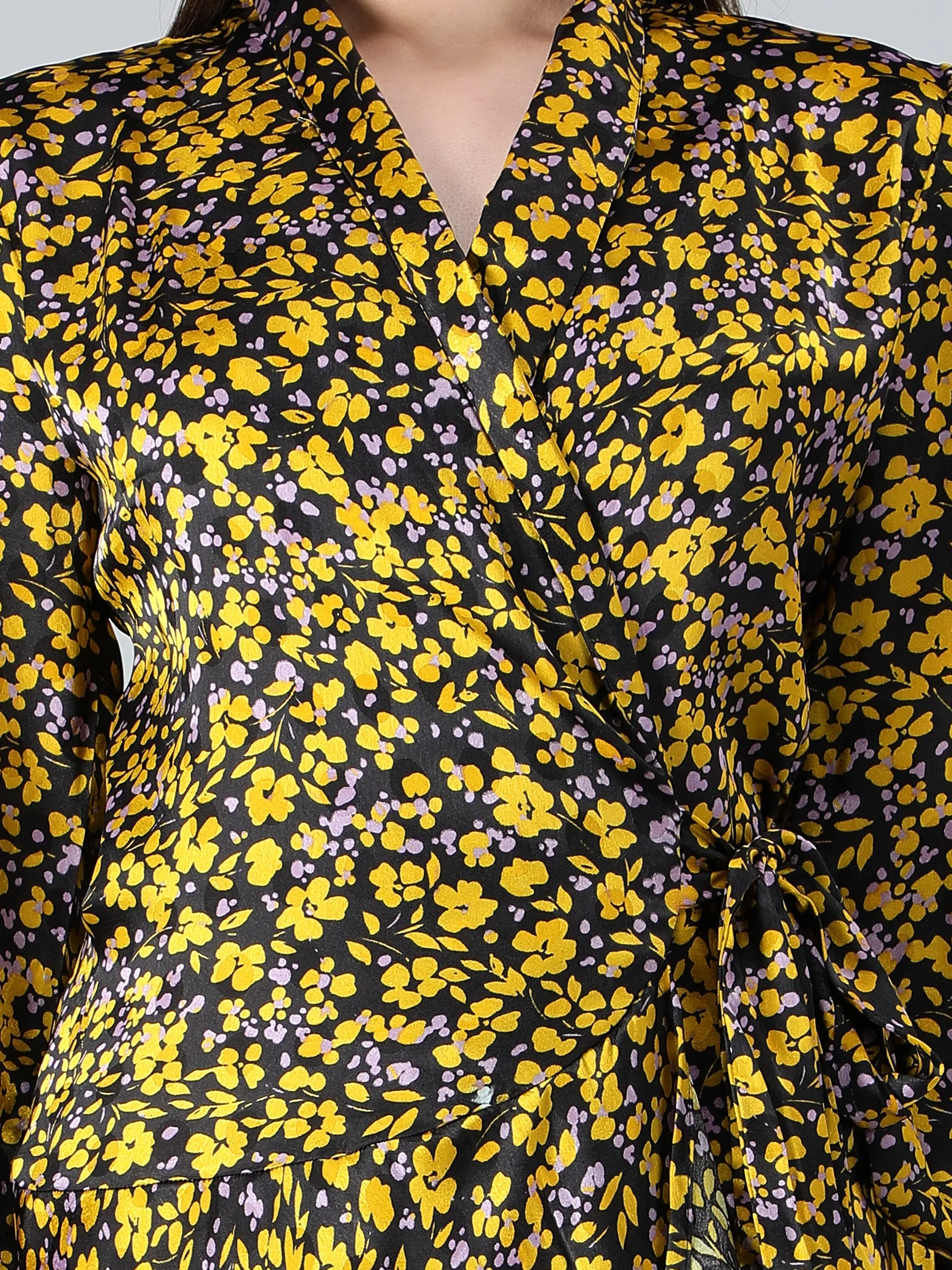 Black and Yellow Floral Printed Wrap Dress