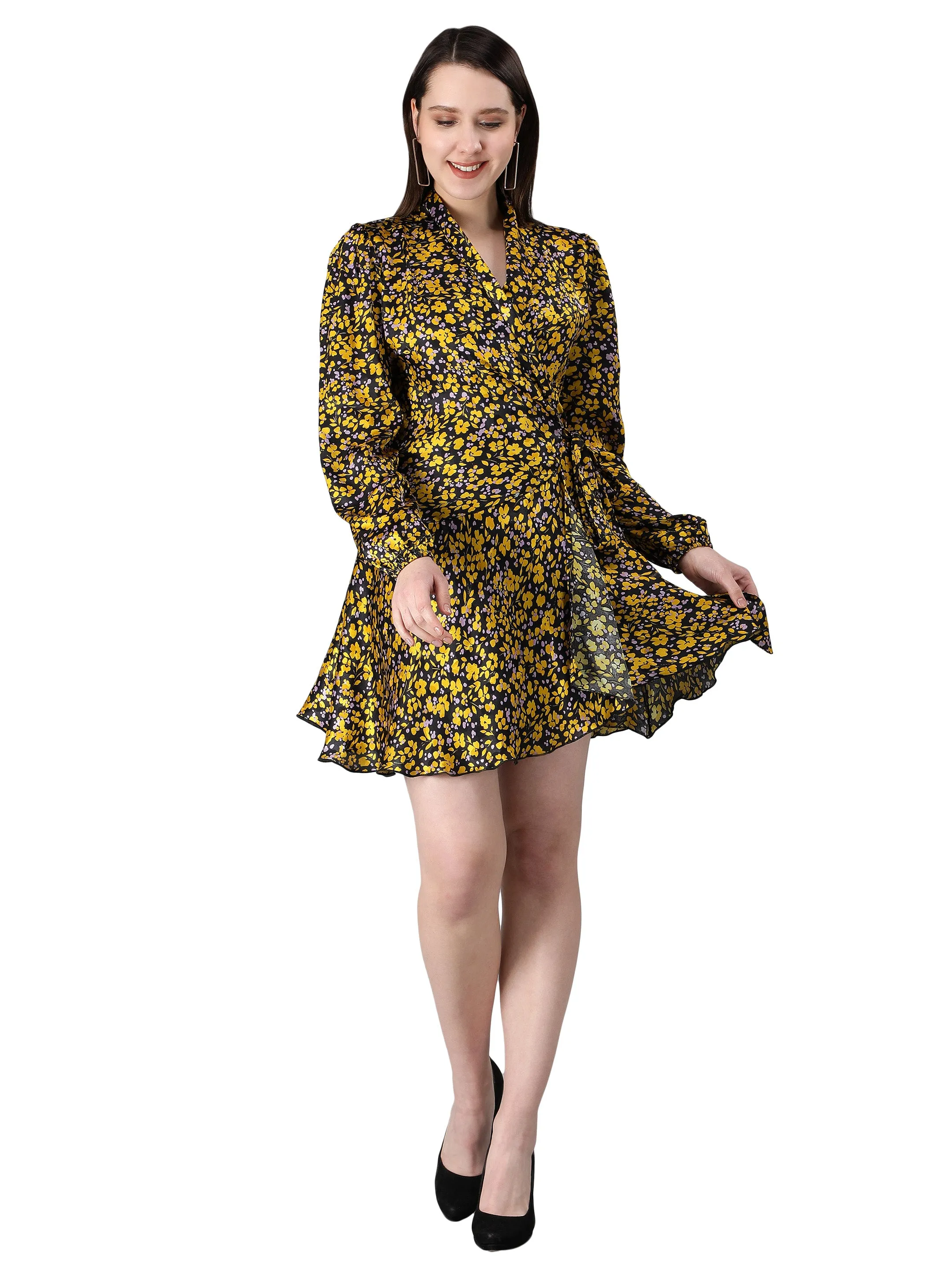 Black and Yellow Floral Printed Wrap Dress