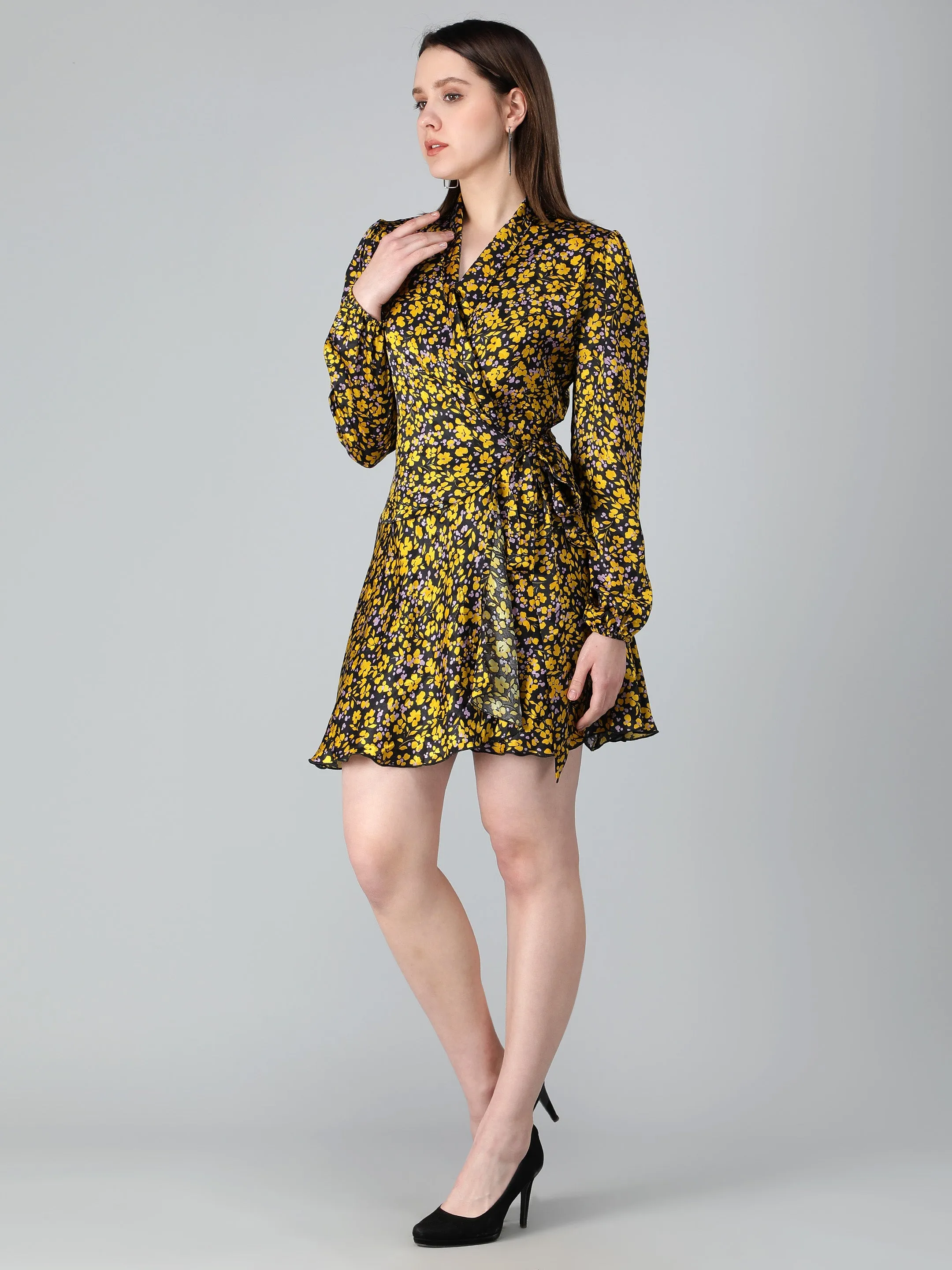 Black and Yellow Floral Printed Wrap Dress